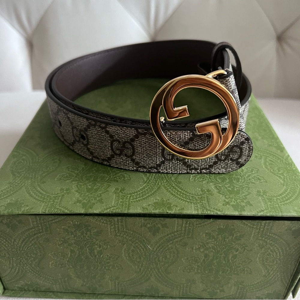 Gucci Brown GG Canvas Belt with Gold Double G Buckle (Monogram) - Picture 13 of 16